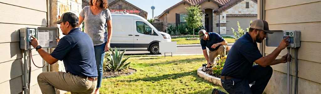 Technician checking a residential sprinkler system during a spring irrigation tune-up in San Antonio